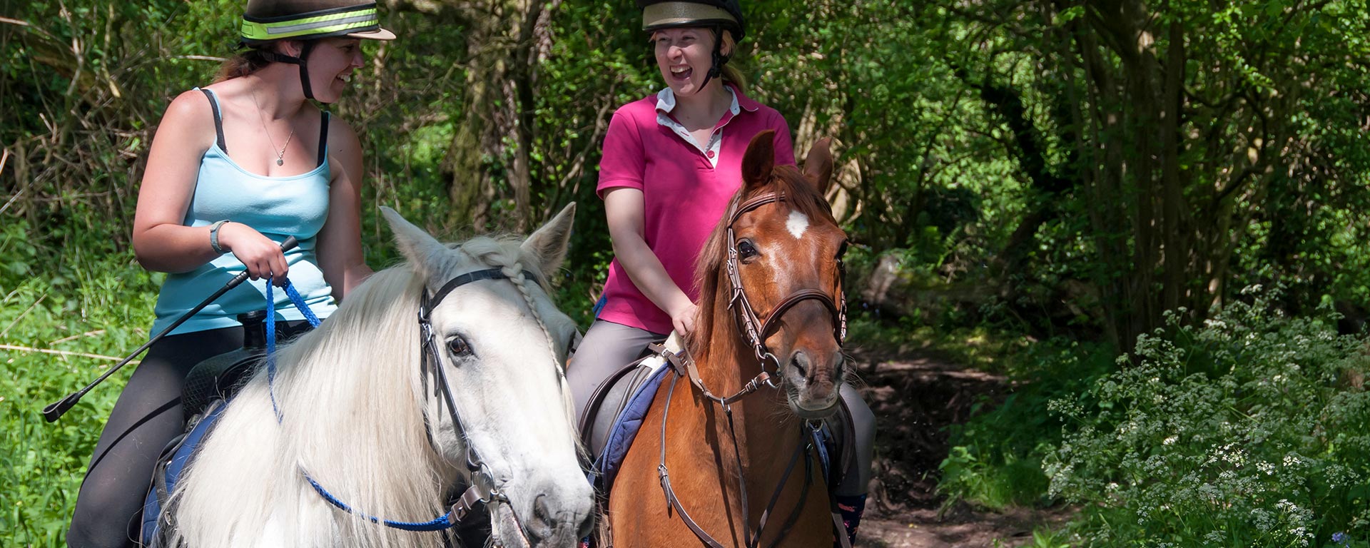 two young ladies riding horses through a forest in South Tyrol